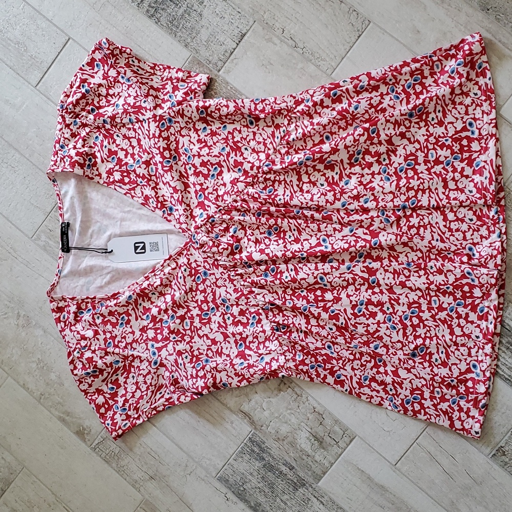 New NoraCora Women's XL Extra Large Blouse Short Sleeve Nylon V Neck Red White